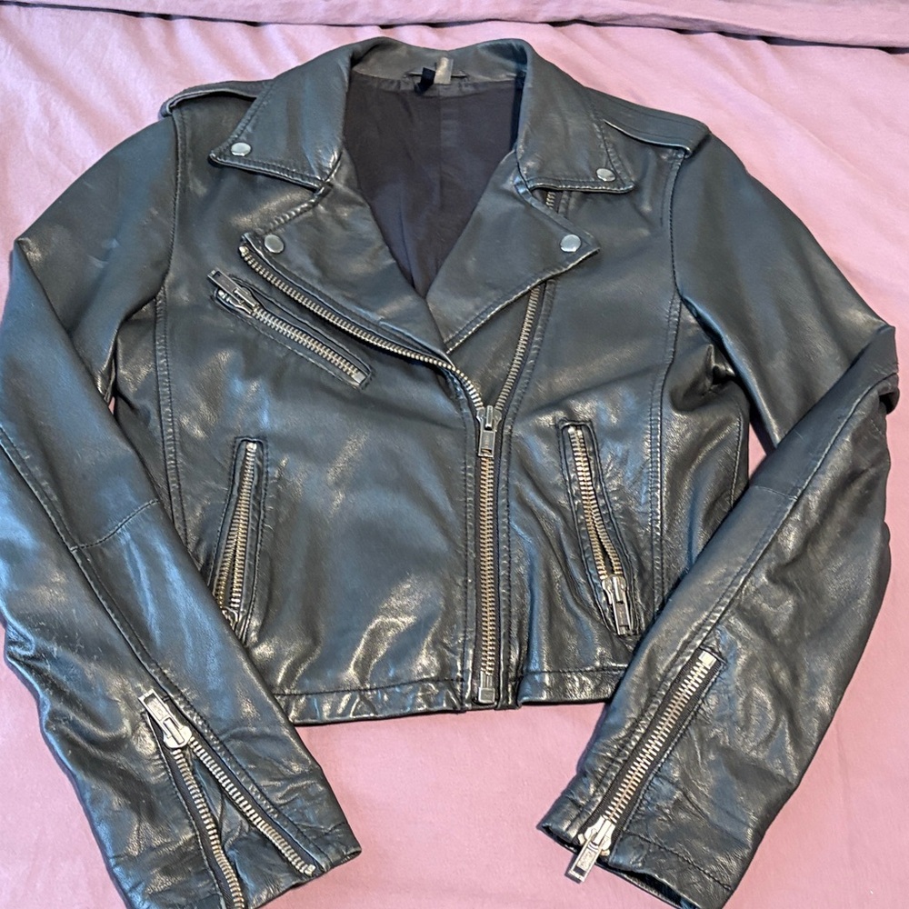 Topshop Black Leather Biker Jacket - Genuine Leather